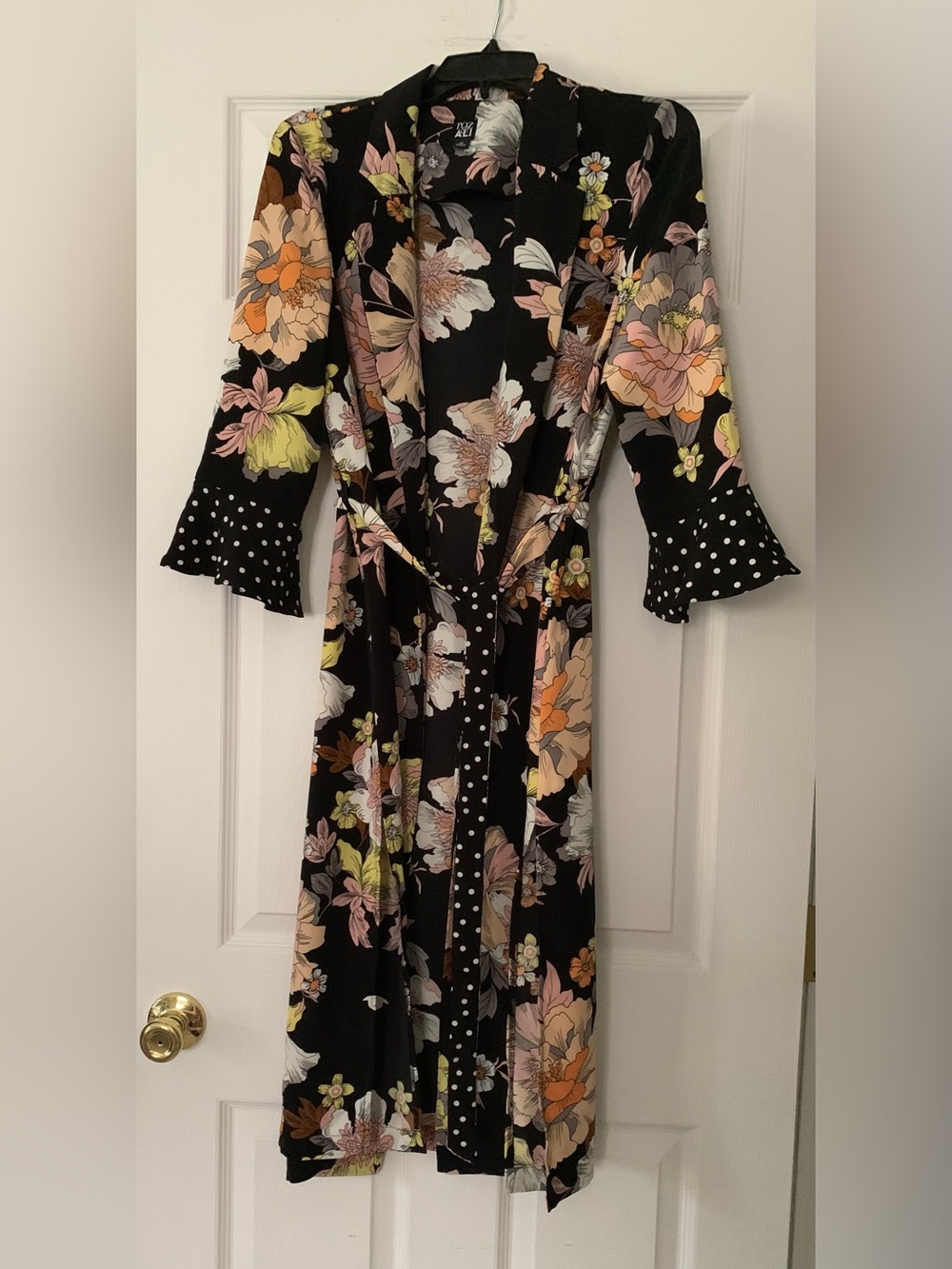 Roz & Ali Black Floral Polka Dot Duster Kimono Robe Loungewear Size Med Tie Belt